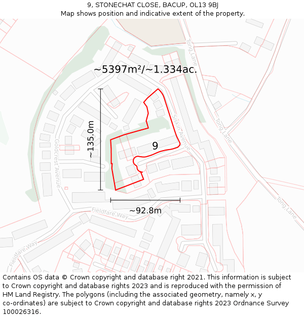 9, STONECHAT CLOSE, BACUP, OL13 9BJ: Plot and title map