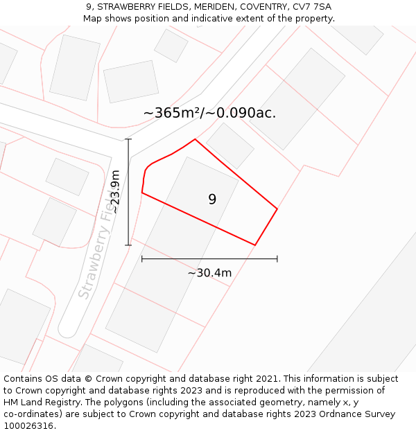 9, STRAWBERRY FIELDS, MERIDEN, COVENTRY, CV7 7SA: Plot and title map