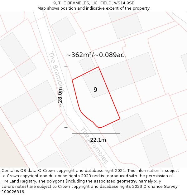 9, THE BRAMBLES, LICHFIELD, WS14 9SE: Plot and title map