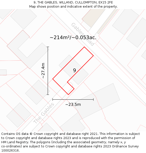 9, THE GABLES, WILLAND, CULLOMPTON, EX15 2FE: Plot and title map