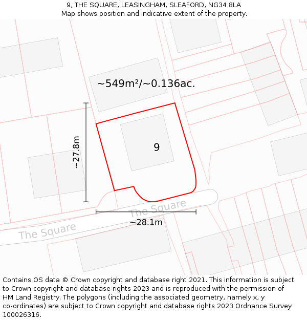 9, THE SQUARE, LEASINGHAM, SLEAFORD, NG34 8LA: Plot and title map