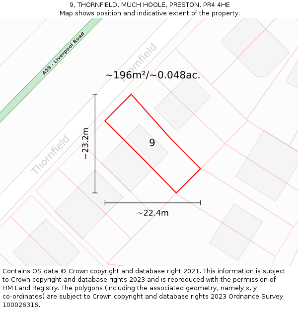 9, THORNFIELD, MUCH HOOLE, PRESTON, PR4 4HE: Plot and title map