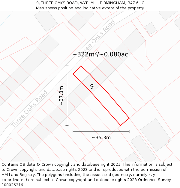 9, THREE OAKS ROAD, WYTHALL, BIRMINGHAM, B47 6HG: Plot and title map