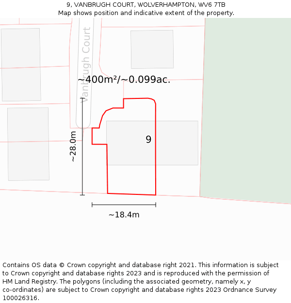 9, VANBRUGH COURT, WOLVERHAMPTON, WV6 7TB: Plot and title map