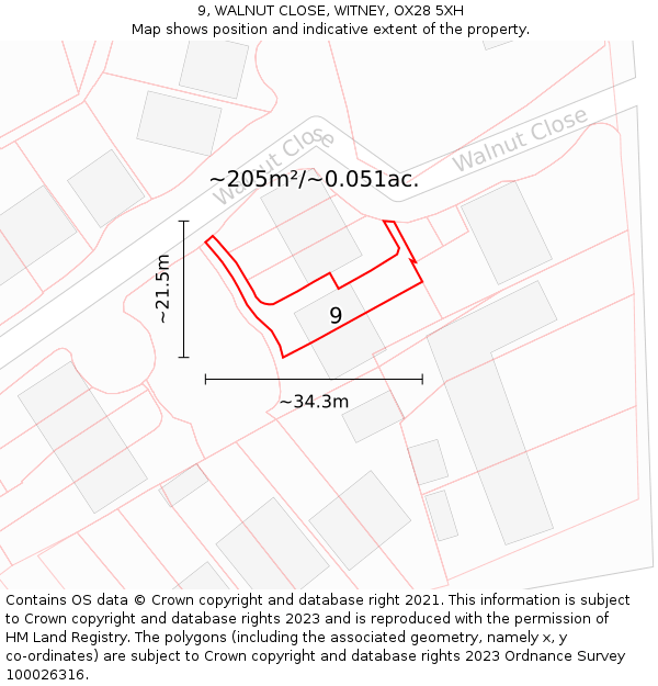 9, WALNUT CLOSE, WITNEY, OX28 5XH: Plot and title map