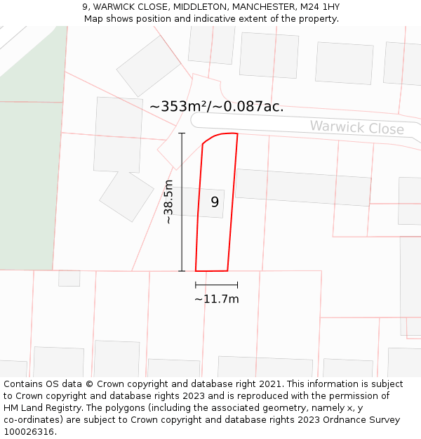 9, WARWICK CLOSE, MIDDLETON, MANCHESTER, M24 1HY: Plot and title map