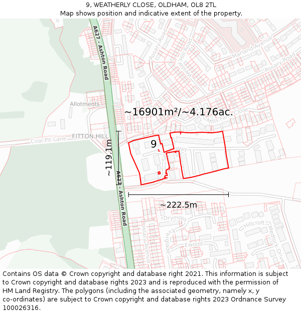 9, WEATHERLY CLOSE, OLDHAM, OL8 2TL: Plot and title map