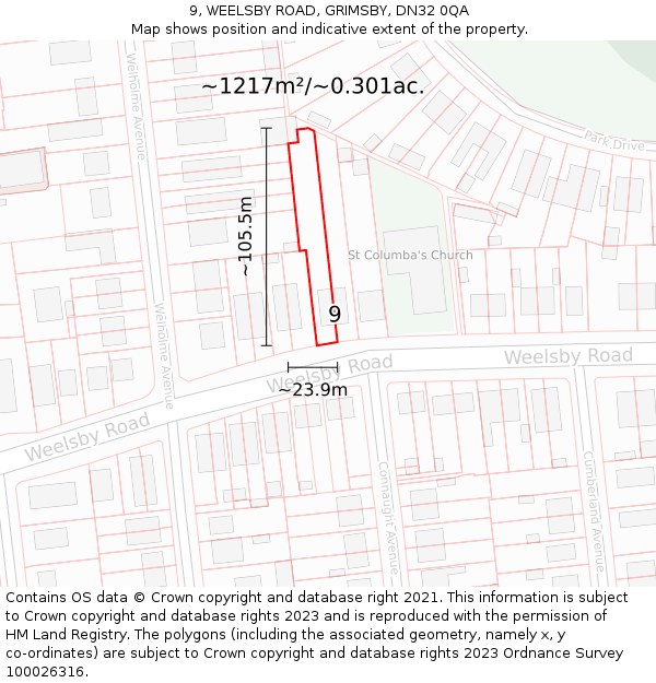 9, WEELSBY ROAD, GRIMSBY, DN32 0QA: Plot and title map
