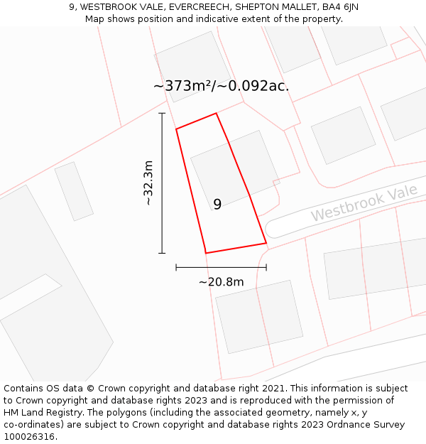 9, WESTBROOK VALE, EVERCREECH, SHEPTON MALLET, BA4 6JN: Plot and title map