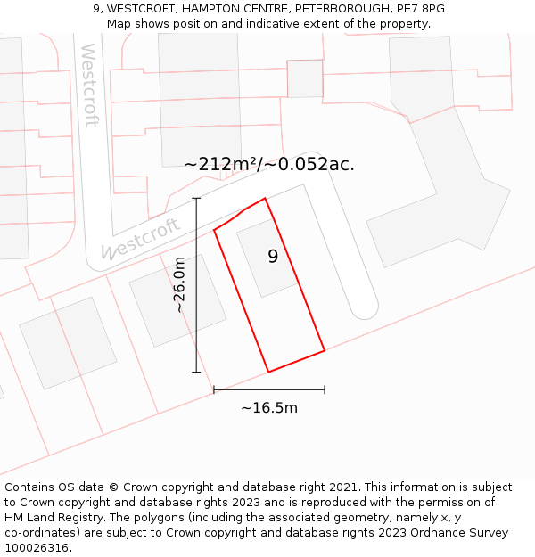 9, WESTCROFT, HAMPTON CENTRE, PETERBOROUGH, PE7 8PG: Plot and title map