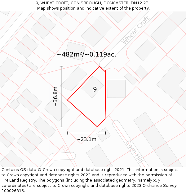 9, WHEAT CROFT, CONISBROUGH, DONCASTER, DN12 2BL: Plot and title map