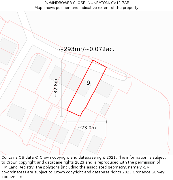 9, WINDROWER CLOSE, NUNEATON, CV11 7AB: Plot and title map