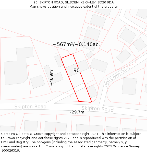 90, SKIPTON ROAD, SILSDEN, KEIGHLEY, BD20 9DA: Plot and title map