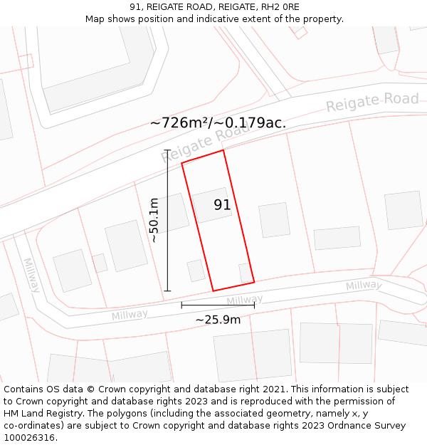 91, REIGATE ROAD, REIGATE, RH2 0RE: Plot and title map