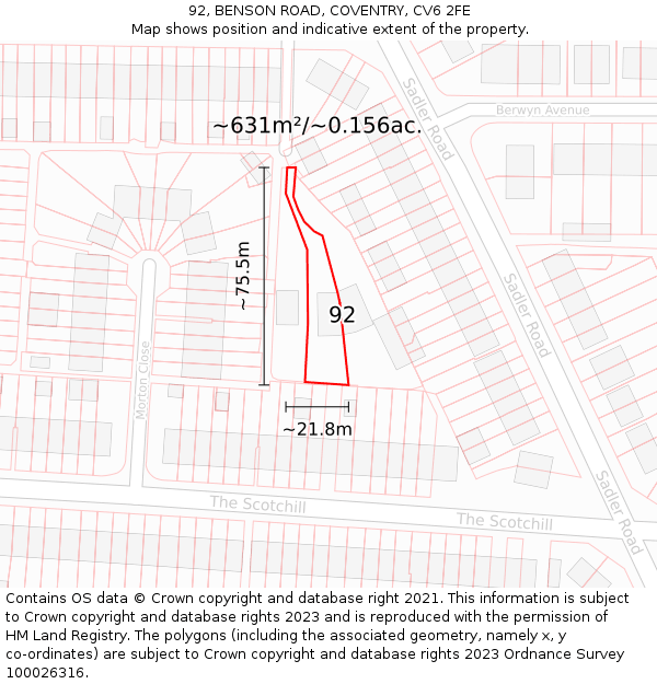 92, BENSON ROAD, COVENTRY, CV6 2FE: Plot and title map