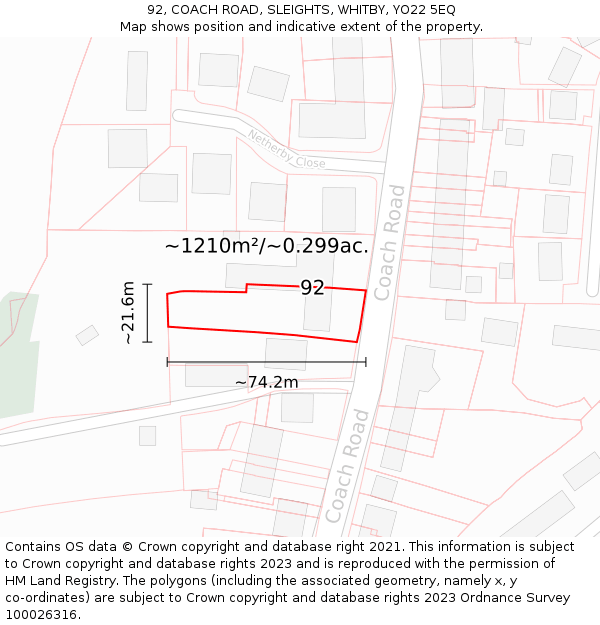 92, COACH ROAD, SLEIGHTS, WHITBY, YO22 5EQ: Plot and title map