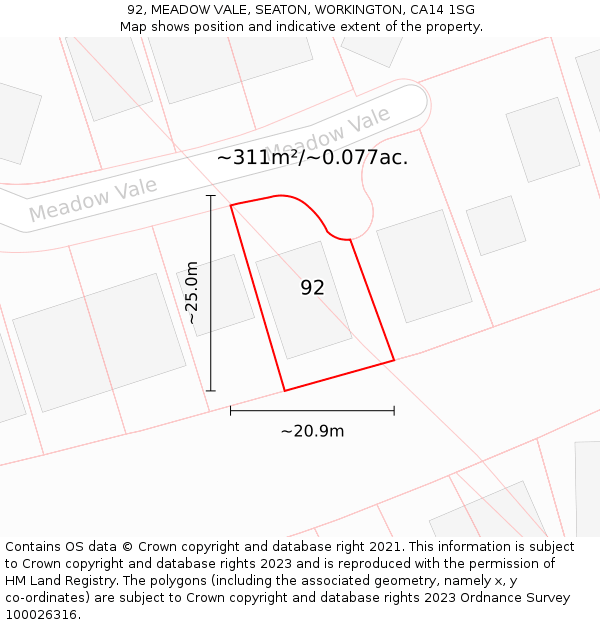 92, MEADOW VALE, SEATON, WORKINGTON, CA14 1SG: Plot and title map