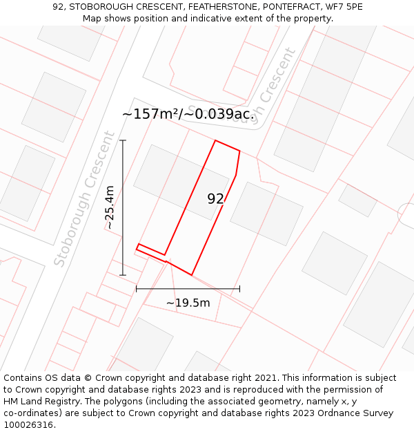 92, STOBOROUGH CRESCENT, FEATHERSTONE, PONTEFRACT, WF7 5PE: Plot and title map
