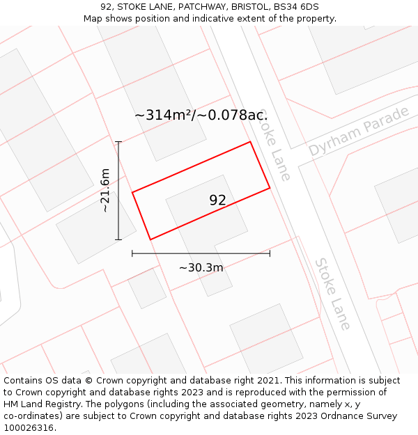 92, STOKE LANE, PATCHWAY, BRISTOL, BS34 6DS: Plot and title map