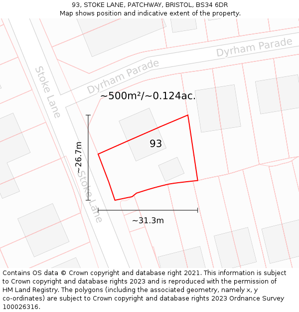 93, STOKE LANE, PATCHWAY, BRISTOL, BS34 6DR: Plot and title map