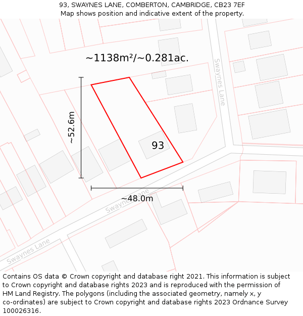 93, SWAYNES LANE, COMBERTON, CAMBRIDGE, CB23 7EF: Plot and title map