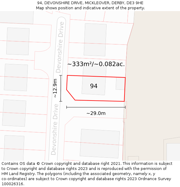94, DEVONSHIRE DRIVE, MICKLEOVER, DERBY, DE3 9HE: Plot and title map