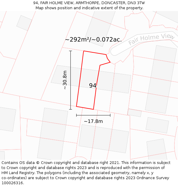 94, FAIR HOLME VIEW, ARMTHORPE, DONCASTER, DN3 3TW: Plot and title map