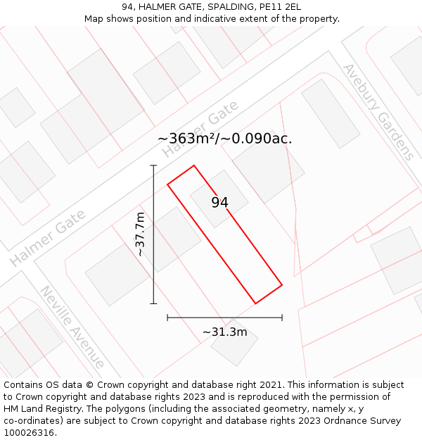 94, HALMER GATE, SPALDING, PE11 2EL: Plot and title map