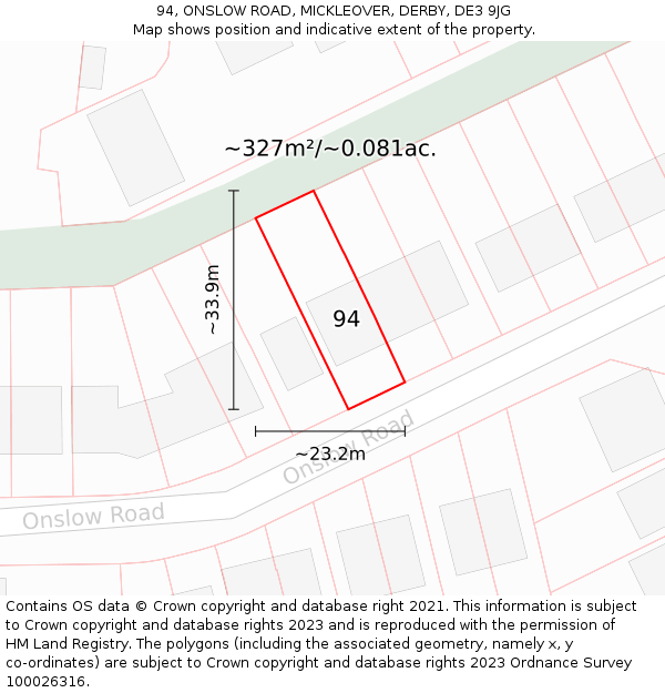 94, ONSLOW ROAD, MICKLEOVER, DERBY, DE3 9JG: Plot and title map