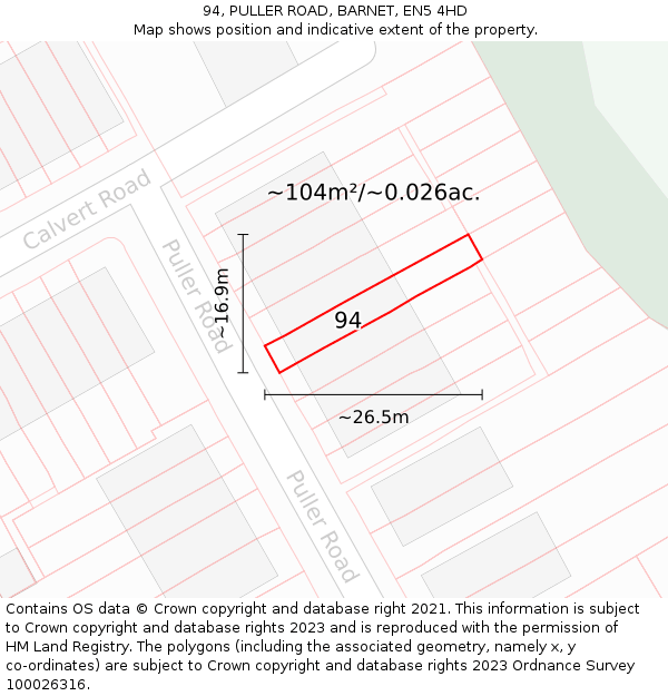 94, PULLER ROAD, BARNET, EN5 4HD: Plot and title map