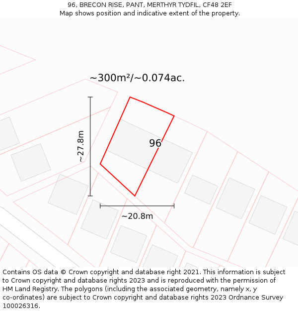 96, BRECON RISE, PANT, MERTHYR TYDFIL, CF48 2EF: Plot and title map