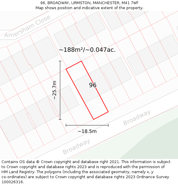 96, BROADWAY, URMSTON, MANCHESTER, M41 7WF: Plot and title map