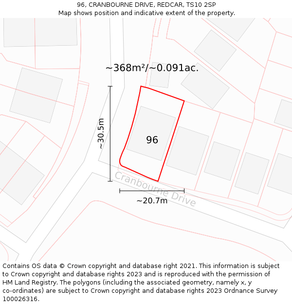 96, CRANBOURNE DRIVE, REDCAR, TS10 2SP: Plot and title map