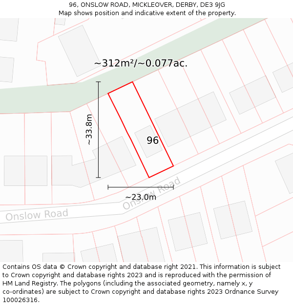 96, ONSLOW ROAD, MICKLEOVER, DERBY, DE3 9JG: Plot and title map