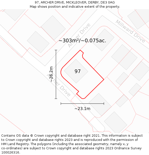 97, ARCHER DRIVE, MICKLEOVER, DERBY, DE3 0AG: Plot and title map