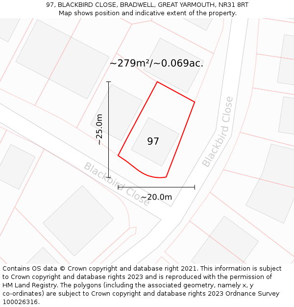 97, BLACKBIRD CLOSE, BRADWELL, GREAT YARMOUTH, NR31 8RT: Plot and title map