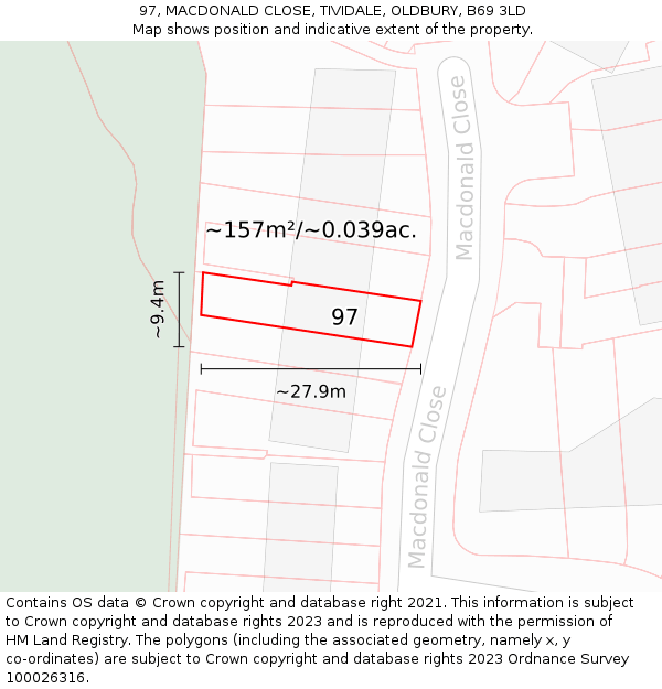 97, MACDONALD CLOSE, TIVIDALE, OLDBURY, B69 3LD: Plot and title map