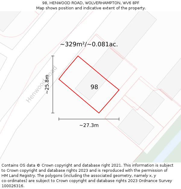 98, HENWOOD ROAD, WOLVERHAMPTON, WV6 8PF: Plot and title map