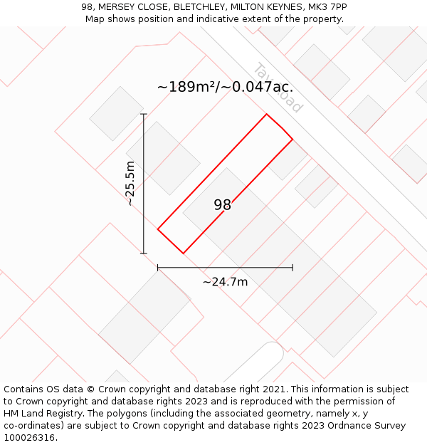 98, MERSEY CLOSE, BLETCHLEY, MILTON KEYNES, MK3 7PP: Plot and title map