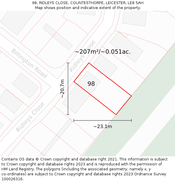 98, RIDLEYS CLOSE, COUNTESTHORPE, LEICESTER, LE8 5AH: Plot and title map