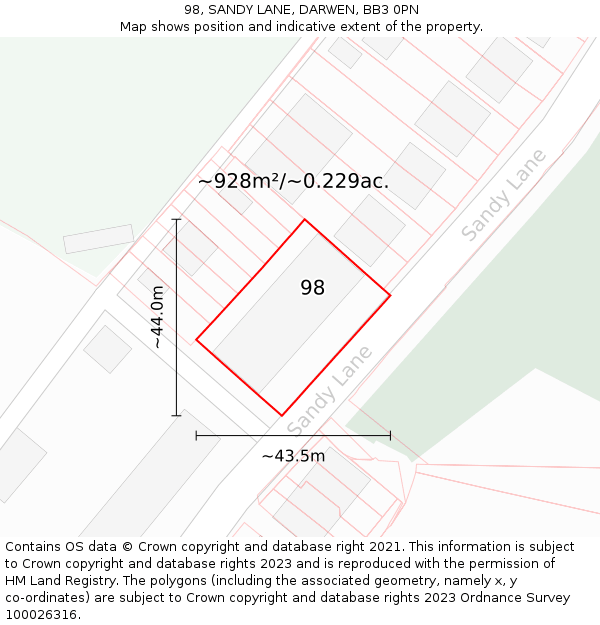 98, SANDY LANE, DARWEN, BB3 0PN: Plot and title map