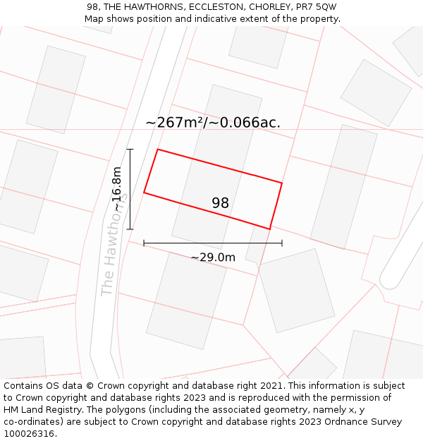 98, THE HAWTHORNS, ECCLESTON, CHORLEY, PR7 5QW: Plot and title map