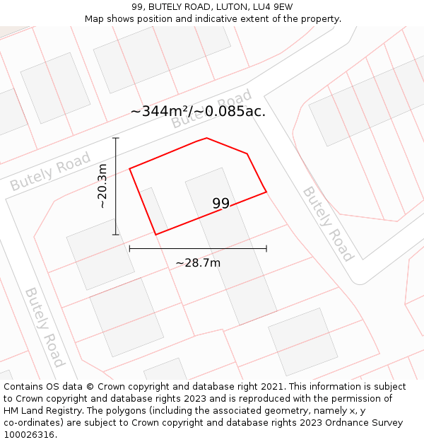 99, BUTELY ROAD, LUTON, LU4 9EW: Plot and title map