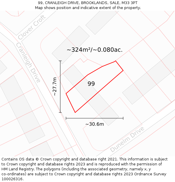 99, CRANLEIGH DRIVE, BROOKLANDS, SALE, M33 3PT: Plot and title map