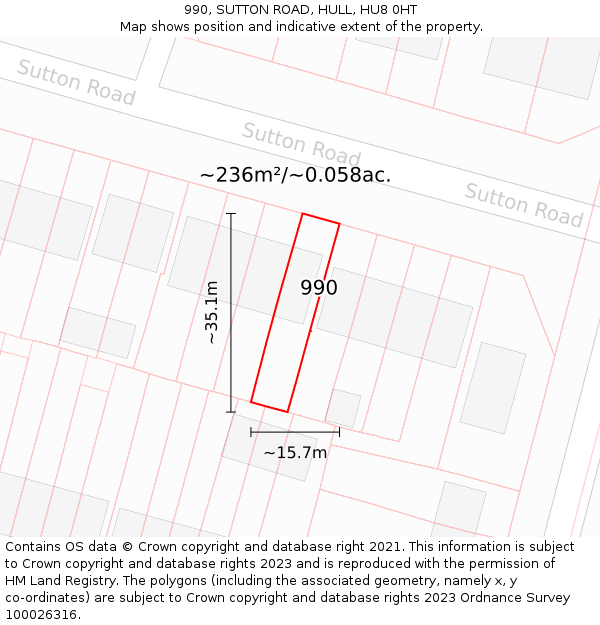 990, SUTTON ROAD, HULL, HU8 0HT: Plot and title map