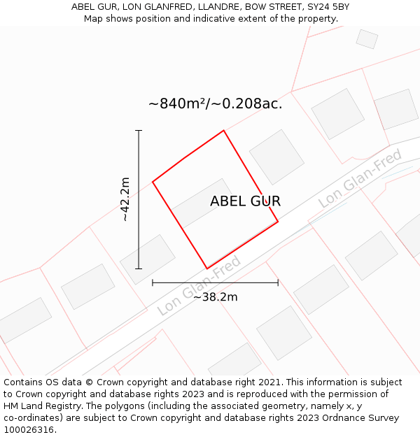 ABEL GUR, LON GLANFRED, LLANDRE, BOW STREET, SY24 5BY: Plot and title map