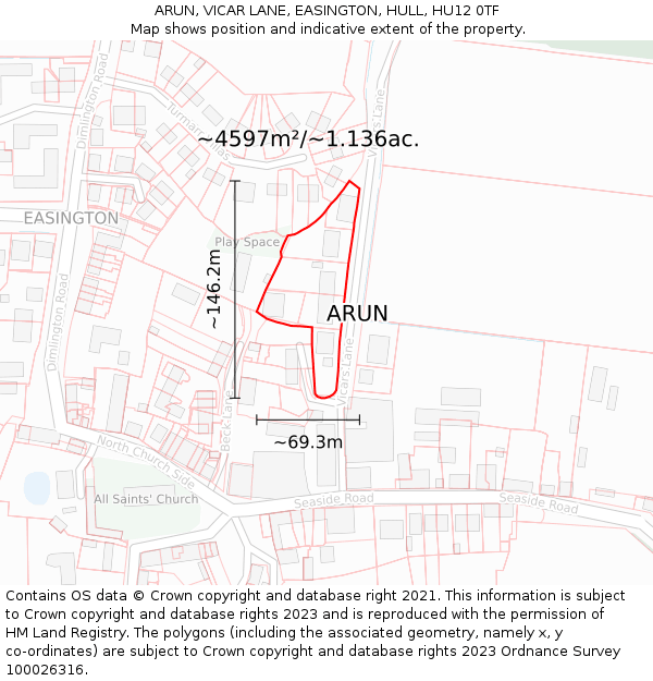 ARUN, VICAR LANE, EASINGTON, HULL, HU12 0TF: Plot and title map