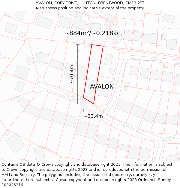 AVALON, CORY DRIVE, HUTTON, BRENTWOOD, CM13 2PT: Plot and title map