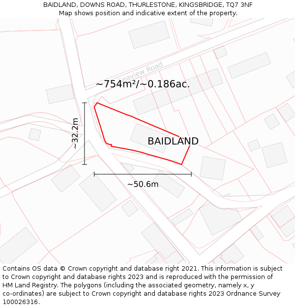 BAIDLAND, DOWNS ROAD, THURLESTONE, KINGSBRIDGE, TQ7 3NF: Plot and title map