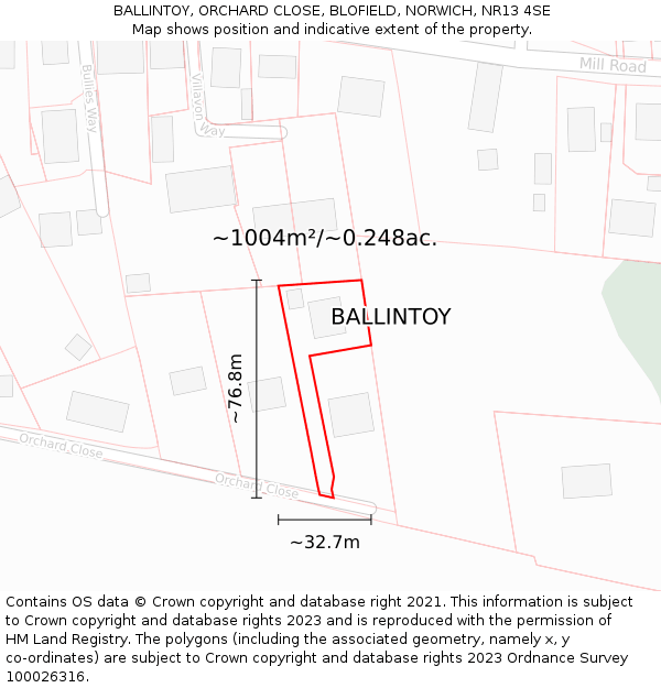 BALLINTOY, ORCHARD CLOSE, BLOFIELD, NORWICH, NR13 4SE: Plot and title map